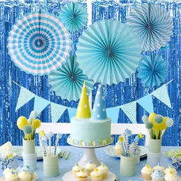 Party Decoration 15pcs Set 16.4ft Blue Paper Card Banner Flags 6.5ft Aluminium Foil Po Backdrop Flowers Hanging Swirls