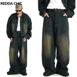 REDDACHiC Jeans larghi da uomo a pieghe lavati verdi di grandi dimensioni Vita regolabile anni '90 Pantaloni larghi Y2k vintage Pantaloni hip-hop Abbigliamento da lavoro casual 240323