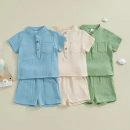 衣料品セット夏の幼児の男の子の男の子のリネン服スーツ幼児ショーツ半袖ボタントップスシャツ固体