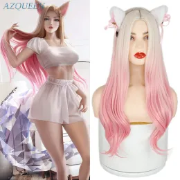 Peruker azqueen syntetiska långa vågor peruker ombre blond blå rosa peruk 26 tum hög temperatur fibe för kvinnor cosplay hår