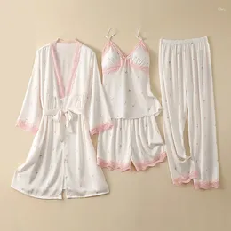 홈 의류 레이스 패치 워크 잠옷 4 PCS 잠옷 세트 봄 옷을 부어 Femme Nightwear Women Bathrobe Nightgown 느슨한 잠자기