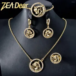 Colar brincos conjunto zeadear europeu e americano cabeça de leopardo pulseira brinco anéis 18k banhado a ouro zircão animal para jóias femininas