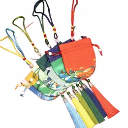 Multifärgduk Drawstring Tassel Neckor Case Women Jewelry Bag Purse Pouch Tom Sachet Chinese Style Storage Bag Q734#