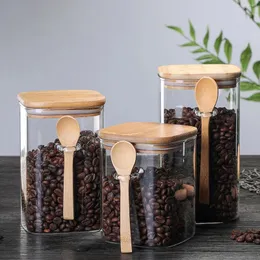 저장 병 투명한 음식 상자 유리 용기 설탕 스파이스 항아리 숟가락 커피 콩 재사용 가능한 부엌 용기