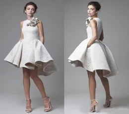 Vestido de casamento de renda krikor jabotian jóia sem mangas alta baixa vestidos de casamento curto aline praia vestidos de noiva com flor6792976