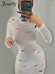 Lässige Kleider Jusahy Frauen Y2K SexyHigh Street Solid Weiß Mit Kapuze Ausgehöhltes Langes Kleid Taille Midi Sleeve Slim 2024