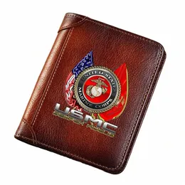 Högkvalitativa äkta läder Men plånböcker USMC United States Marine Corps Short Card Holder Purse Luxury Brand Male Wallet P2KA#