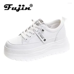 Casual Shoes Fujin 6cm äkta läderkvinnor vulkaniserade mode sommar dolda klackar andningsbara chunky sneakers plattform