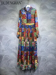 Casual Dresses DlDenghan Autumn Maxi Dress Women Långärmning Single Breasted Indie Folk Print golvlängd Fashion Designer
