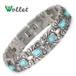 Braccialetti Wollet Gioielli Bracciale magnetico in acciaio inossidabile o titanio per donna Pietra turchese Assistenza sanitaria Energia curativa