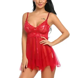 Low Cut Solid Color Lace Pajamas Sexy See Through Front Split Female Sleepwear Breathable Soft Nightgown Pijama Sexy Mujer