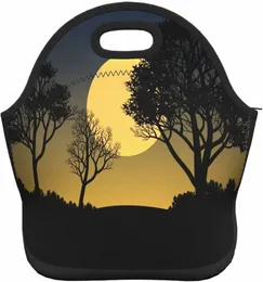 Sunset Full Mo med Black Forest Trees Neoprene Lunch Bag Boxs, Hållbar termisk tygpåse Organiser Cooler Bento Bags T8FQ#