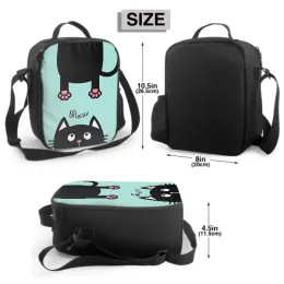 Gatto nero che guarda la borsa da pranzo isolata per il lavoro scolastico per picnic faccia divertente testa silhouette tote box contenitori coreggiatore sacca