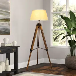 Depuley LED LED Tripod Floor Lamp Wood Mid Century Modern Reading Lamp8Wベッドルームファームハウス用のE27ランプベース付きスタンディングランプ
