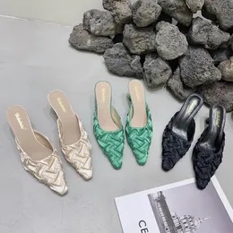 Casual Shoes Solid Color Pointed Toe Sandals Summer Weave Women Spike High Heel Slip On Pumps Shallow Chaussures Femme