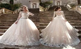 Sheer tripulação pescoço sexy ver através do botão de volta mangas compridas apliques novo vintage barato rendas vestidos de casamento vestidos de novia bridal6748204