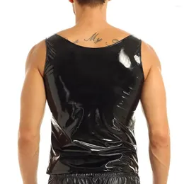 Erkek tank üstleri erkekler seksi parlak ıslak görünüm pvc patent deri fanila yelek kolsuz tişört erotik şekillendirme gömlek kulüp giysileri