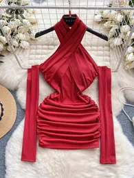 Abiti casual SINGREINY Backless Halter Mini abito sexy Estate Donna Rosso con spalle scoperte Manica lunga Donna Y2K Increspato Moda 2024