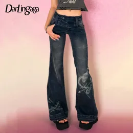 Darlingaga Y2K Grunge Fairycore Chic Skinny Low Rise Flared Jeans Women Vintage Aesthetic Heart Printed Denim Trousers Boot Cut 240314