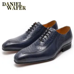 أحذية دانيال ويفر مان أحذية جلدية أصلية ثعبان الجلد طباعة الدانتيل الأزرق الأزرق الأسود لأصبع القدم
