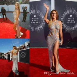 Luxuoso Sexy Vestidos de Noite com Criss Cross Straps Prom Dress Jennifer Lopez Acessível Split Lantejoulas Backless prata Celebrity1430855