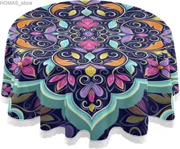 Bordduk Turkoise Mandala Floral Round Tracloth Purple Moroccan Turkish Indian Motiv Cirkulärt bord täcker tvättbar bordslöpare Y240401