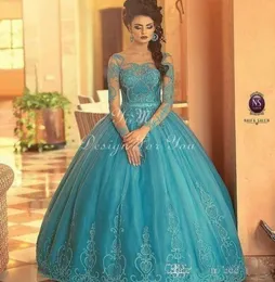 Бирюзовое бальное платье с кристаллами Quinceanera платья 2020 года с длинными рукавами и аппликациями Бато из бисера платья для выпускного вечера 15 лет для S7418595