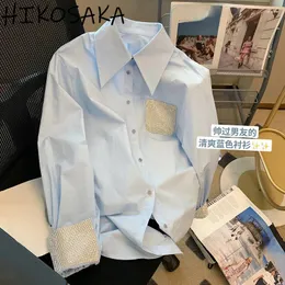 Kvinnors blusar blå lapptäcke borr långärmade skjortor kvinnor vår mode elegant vridning krage blus office lady casual bluas