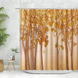 Cortinas de chuveiro outono cortina conjunto outono floresta laranja aquarela árvore tronco colheita frutas decoração casa banheiro tecido poliéster