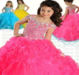 New Sparkle Glitz 푹신한 섹시한 벨 크리스마스 어린이 소녀 039S 미인 대회 드레스 옐로우 로얄 핑크 루치 꽃 소녀 생일 드레스 1674892