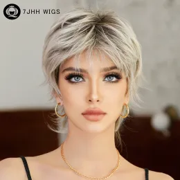 Парики 7JHH WIGS Короткие прямые парики блондинки с омбре для женщин Повседневный косплей Натуральные синтетические черные парики Боб с челкой Высокое качество