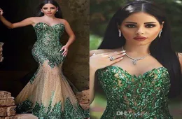 2019 Arabisk stil Emerald Green Mermaid aftonklänningar Sexig Sheer Crew Neck Hand paljetter Elegant sa Mhamad Long Prom -klänningar Part8781514