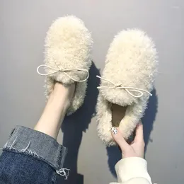 Sapatos casuais bowtie faux fur mocassins mulheres engrossar algodão acolchoado inverno apartamentos deslizamento em mulher preguiçosa mocassins de pelúcia 2024 328