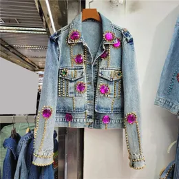 Luxury Women Diamonds Short Denim Bomber Coat Rivet Beaded Jeans Jacket Rhinestones Cardigan Lapel Long Sleeve Streetwear Tops 240321