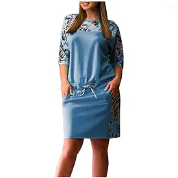 캐주얼 드레스 패션 플로럴 프린트 여성 플러스 크기 짧은 슬리브 O- 넥 끈적 인 드레스 교회