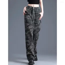 Jeans femininos camuflagem carga para mulheres cintura alta calças jeans americano streetwear perna larga senhora calças retas