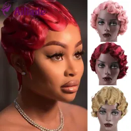 Perucas ailiade 6 polegadas vintage curto dedo onda peruca sintética afro kinky encaracolado perucas para mulher preto roxo loira resistente ao calor cabelo