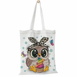 fudeam Fi Cute Carto Owl Print Large Capacity Canvas Bag Portable Foldable Shoulder Bag Lightweight Sling Shopper Bag T28L#