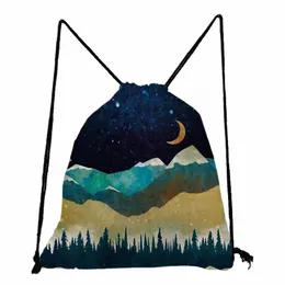 oil Painting Mountain Forest Print Drawstring Pocket Chinese Style Casual Portable Backpack Bag Unisex High Capacity Shoes Bags S7NO#