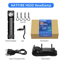 Natfire HS50 LED LED EDC 18650 ACKARGEATES USB C Lampka na głowę 1000LM jasna pochodnia rybacka na zewnątrz z magnesem z tylną czapką