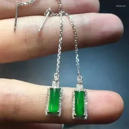 Dangle Earrings Natural Full Green Chalcedony Columns Hanging S925 Sterling Silver Inlaid Simple Exquisite Versatile Ear String