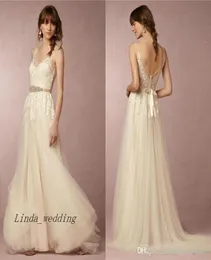 2019 Nuovo abito da sposa vintage a buon mercato estivo Boho Beach Aline Abito da sposa lungo senza schienale con scollo a V trasparente Plus Size Vestido6444893