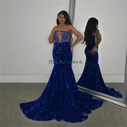 Bling Sequin Prom Dresses For Black Girls Evening Dress With Beaded Strapless Plus Size Mermaid Black Women Shine Formal Occasion Party Gowns 2024 Vestidos De Noite
