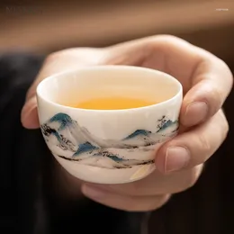 Fincan tabakları 6pcs/40ml Çin tarzı seramik çay bardağı seti retro beyaz porselen kase sake kahve kupa ev el yapımı usta