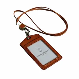 lusso verticale identità porta badge cordino per il lavoro d'ufficio in vera pelle ID bus card set elastico facile da tirare fibbia tag Q2pf #