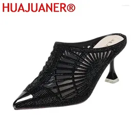 Slippers HUAJUANER 2024 Women Mesh Summer High Heels Rhinestone Slides Sequince Cloth Shoes Pointed Toe Black Beige Dropship