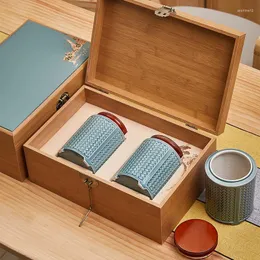 مجموعات Teaware Mid-Autumn Festival Bamboo Box Box Ceramic Pot Tea Packaging هدية فارغة تخصيص عالمي