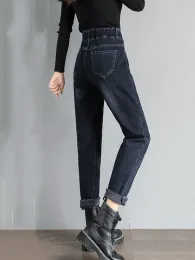 Jeans de harém de 95 kg de 95 kg Adicionar veludo 2023 Winter High Waist Jeants Denim