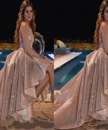 2018 Yeni Shinny Rose Gold Pulins Halter Boyun Aline Prom Elbiseler Kolsuz Sırmasız Düşük Düşük Resmi Akşam Elbiseleri Özel MA3159951