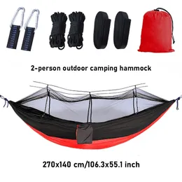 Sleeping Camping Double Hammocks Duas pessoas Alta qualidade Treça de nylon tiras de giro 200 kg Hammock portátil com mosquito Net 240325